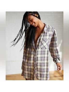 We The Free People Wild Side Tunic Shirt Plaid Flannel Tie Back Button Front
